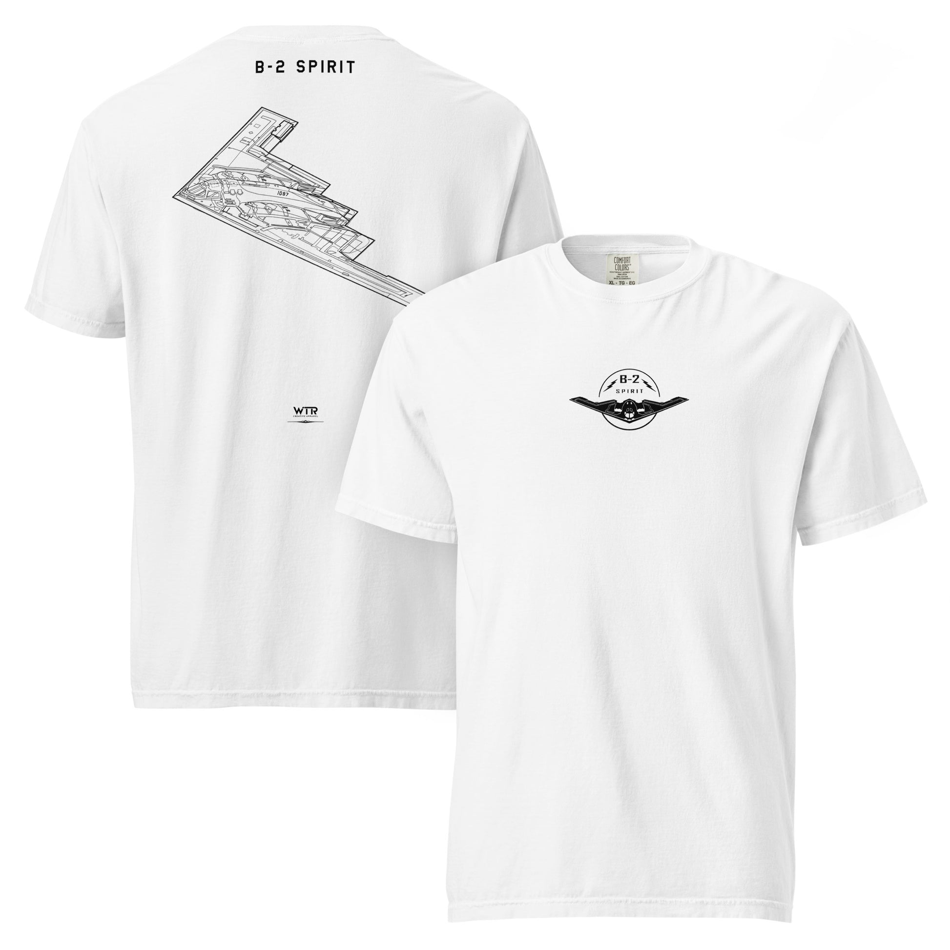 Hand-drawn technical profile of the Northrop Grumman B-2 Spirit stealth bomber special edition design on a standard t-shirt.
