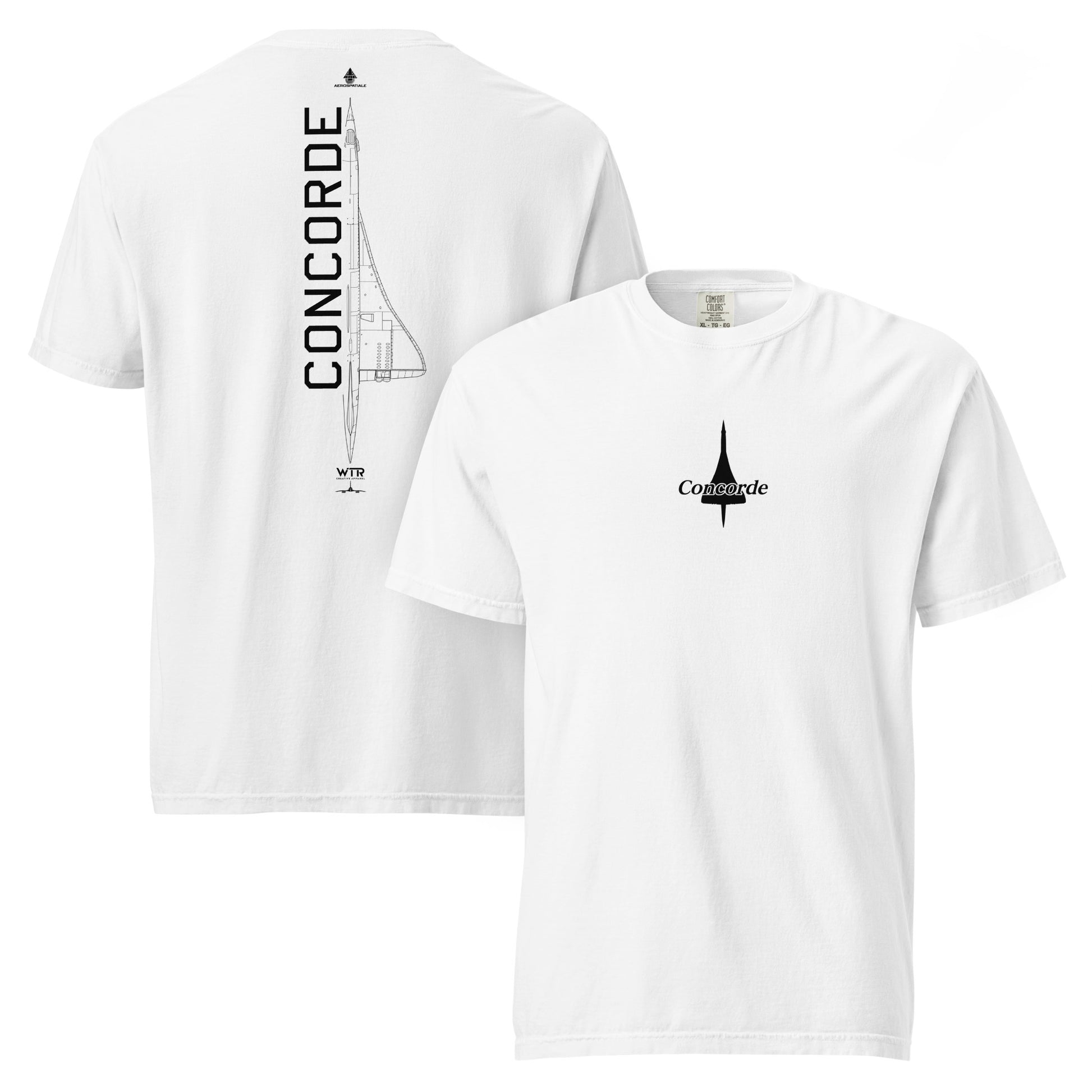 Hand-drawn technical schematic of the Aérospatiale / BAC Concorde supersonic airliner printed on a standard t-shirt.