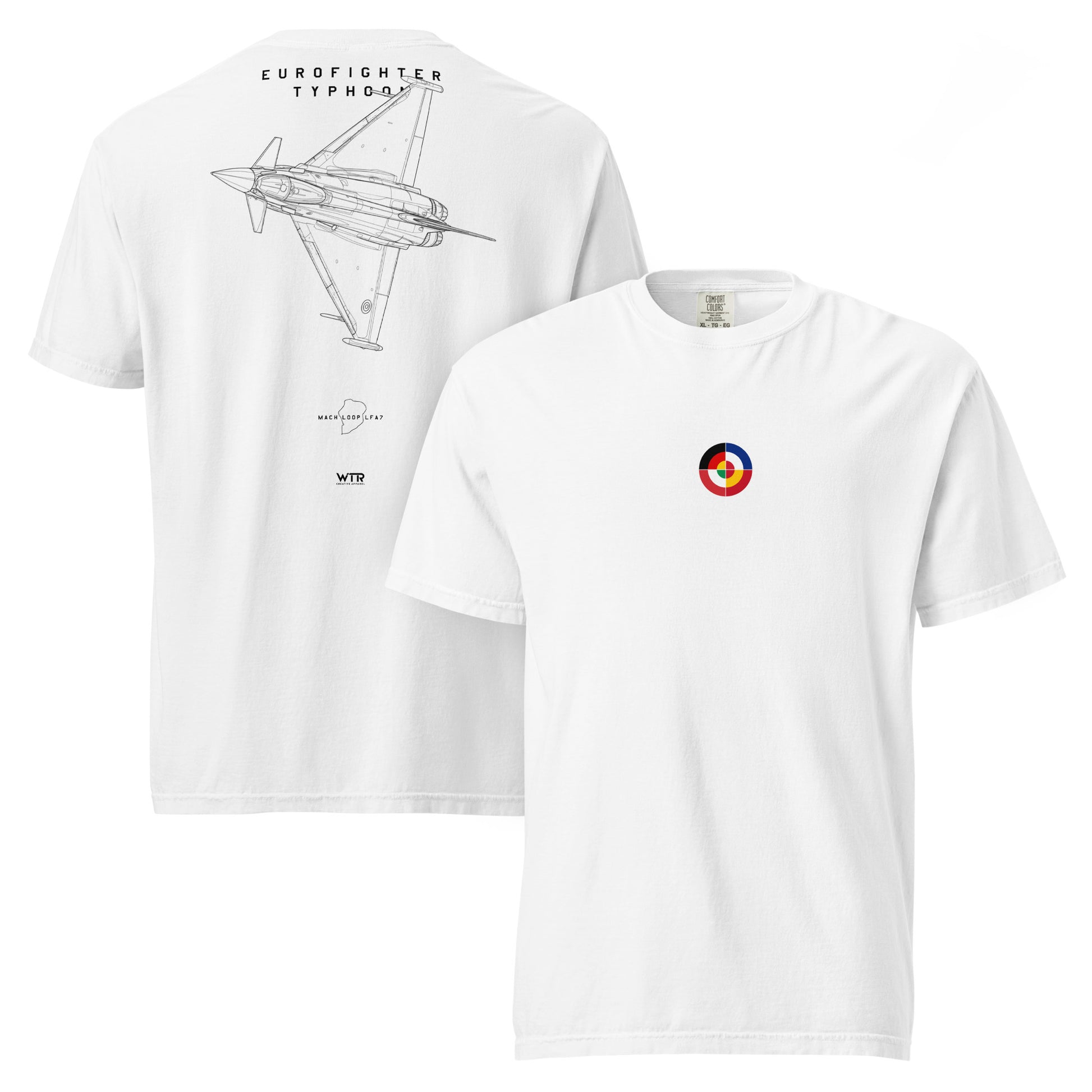 Hand-drawn Mach Loop edition schematic of the Eurofighter Typhoon EF2000 fighter jet on a standard t-shirt.