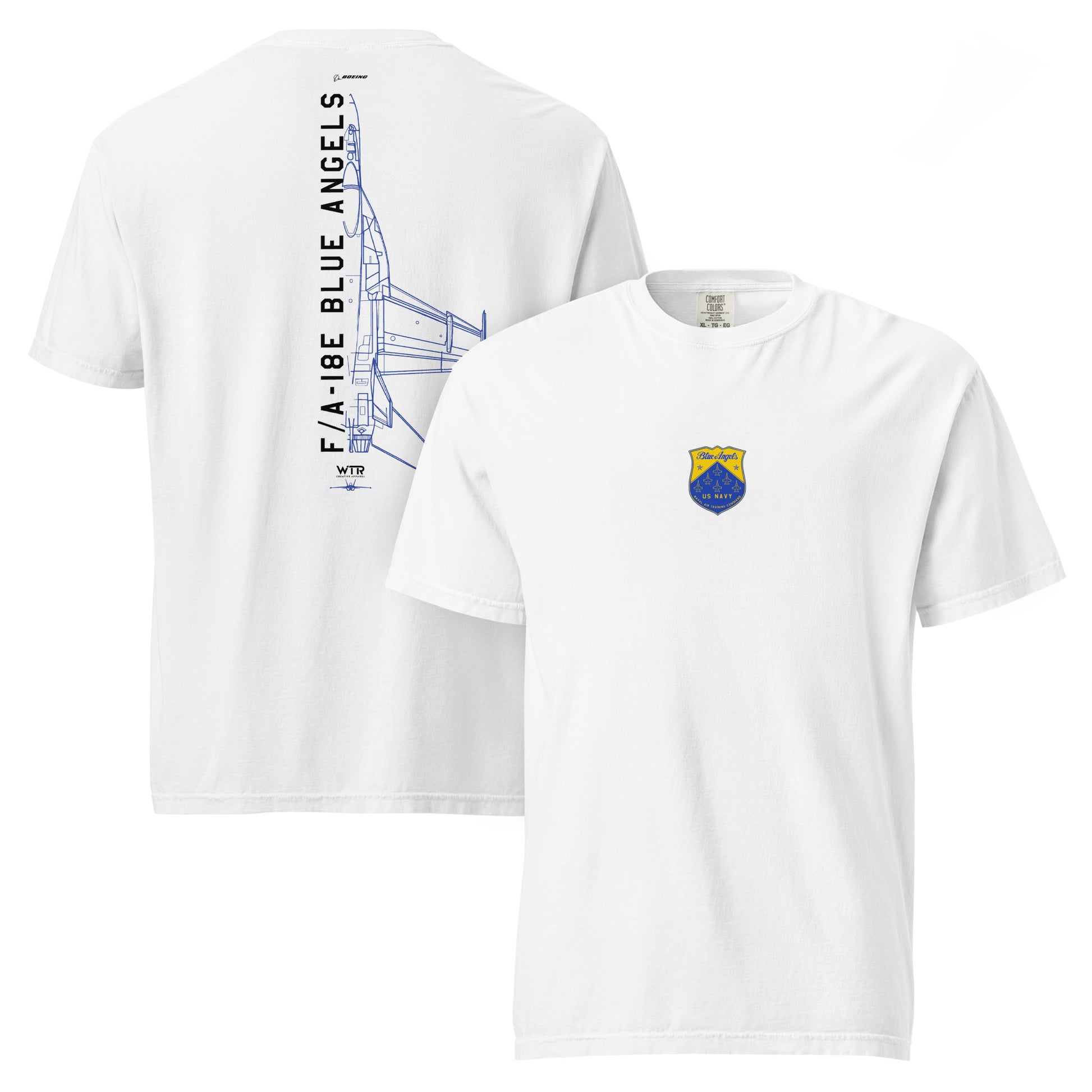 Hand-drawn schematic of the Boeing F/A-18E Super Hornet in Blue Angels flight demonstration livery on a standard t-shirt.