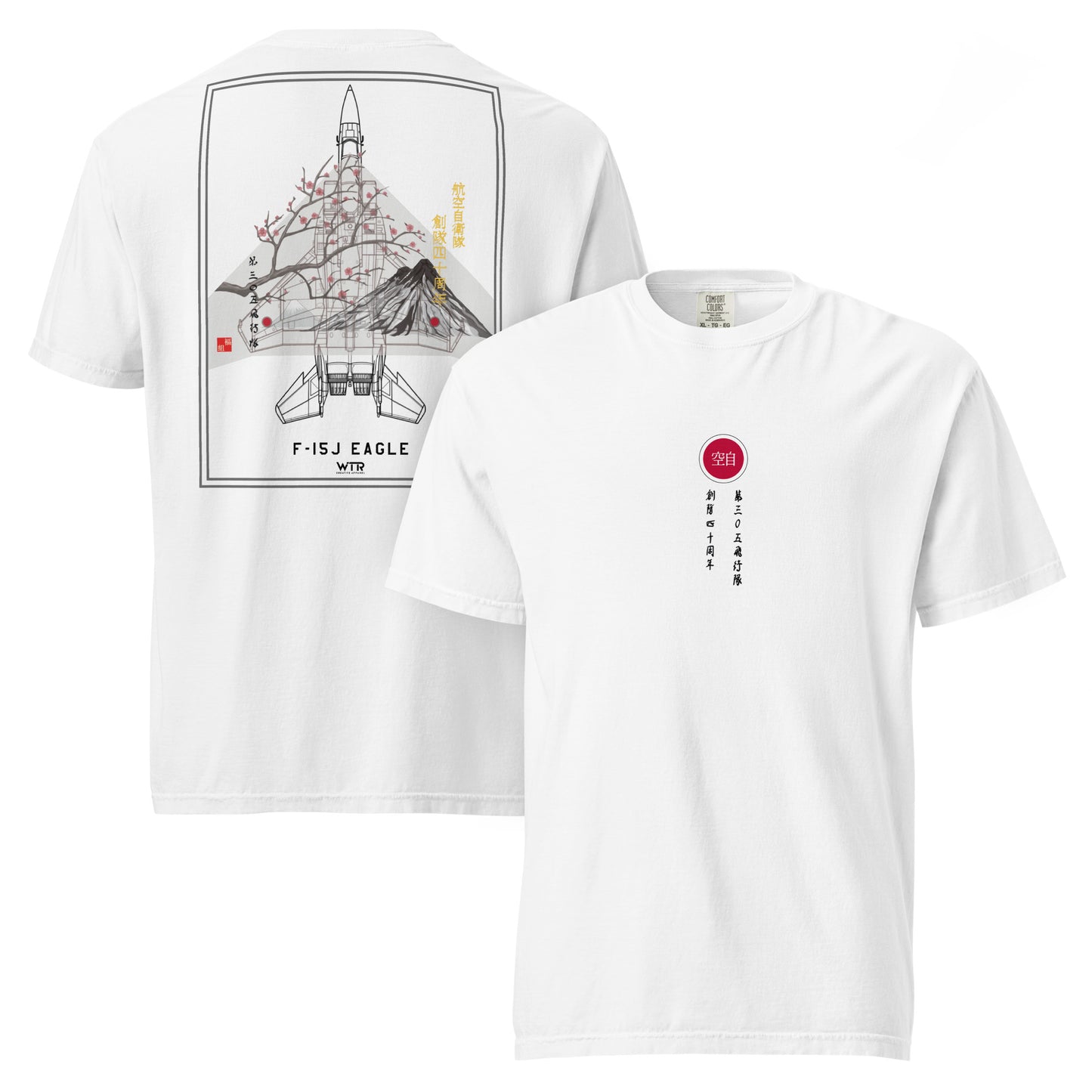 Hand-drawn schematic of the Mitsubishi F-15J Eagle 305th Tactical Fighter Squadron 50 Years livery on a standard t-shirt.