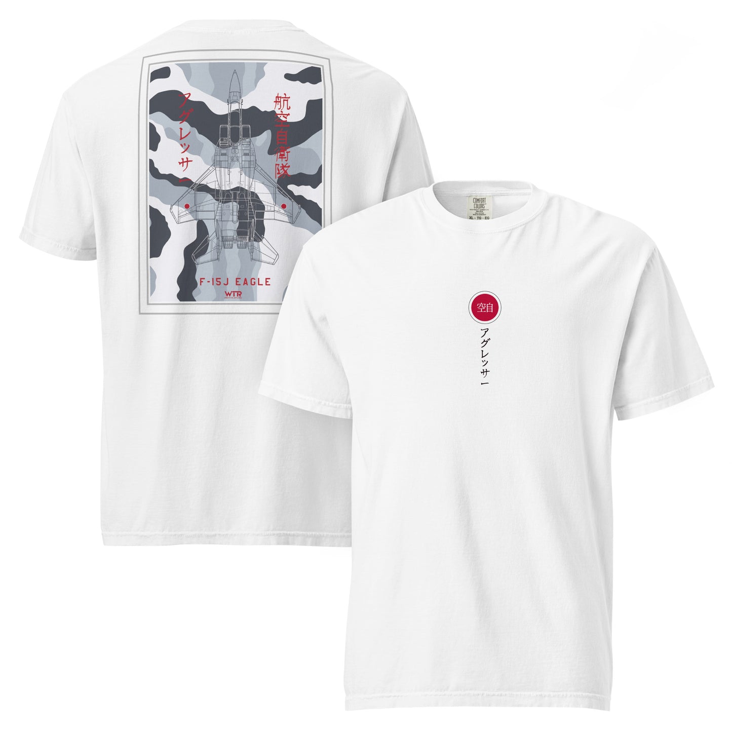 Hand-drawn schematic of the Mitsubishi F-15J Eagle Aggressor Camouflage livery printed on a standard classic-fit t-shirt.