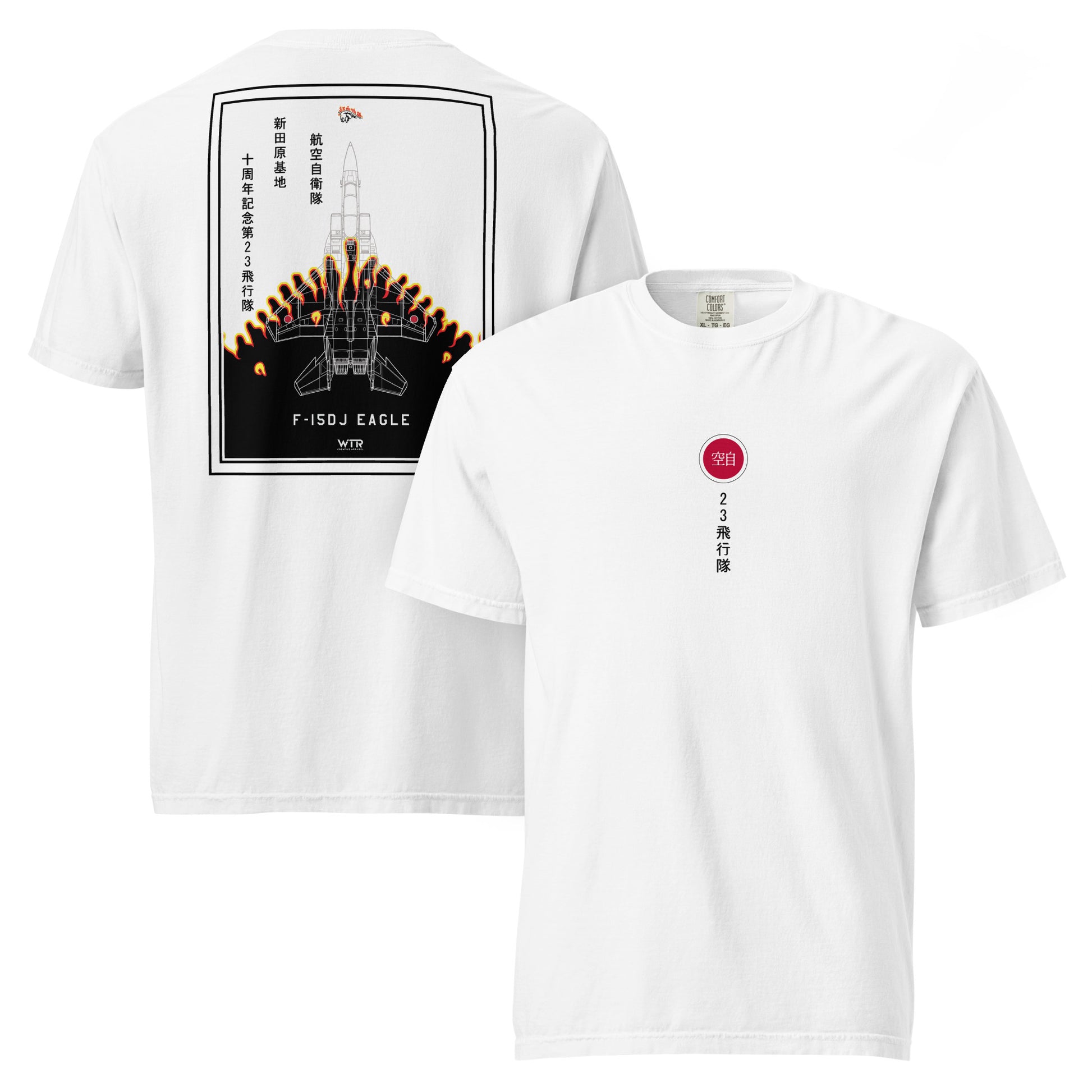 Hand-drawn schematic of the Mitsubishi F-15DJ Eagle 23rd Fighter Squadron 10th Anniversary Flame livery on a standard t-shirt.