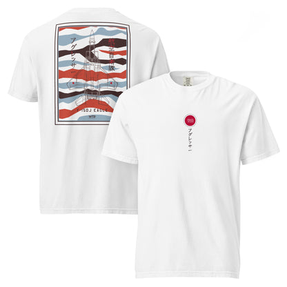 Hand-drawn schematic of the Mitsubishi F-15DJ Eagle Aggressor Minokasago Lionfish livery printed on a standard t-shirt.
