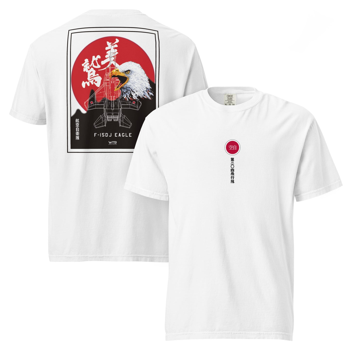 Hand-drawn schematic of the Mitsubishi F-15J Eagle 204th Tactical Fighter Squadron 2024 Churashima Air Fiesta on a standard t-shirt.