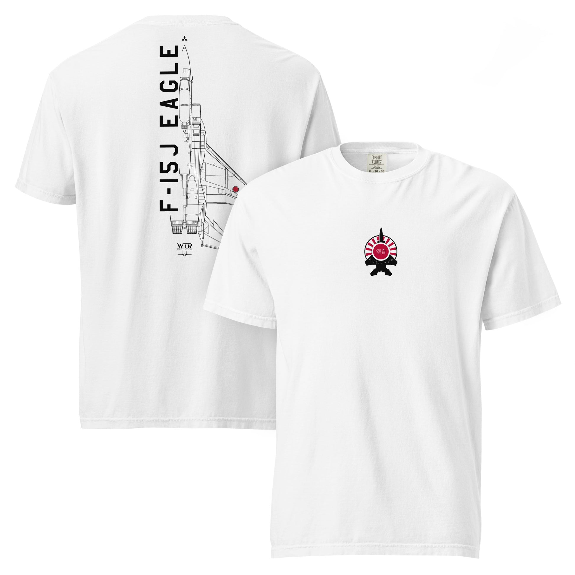 Hand-drawn technical schematic edition of the Mitsubishi F-15J Eagle JSDAF fighter jet printed on a standard t-shirt.