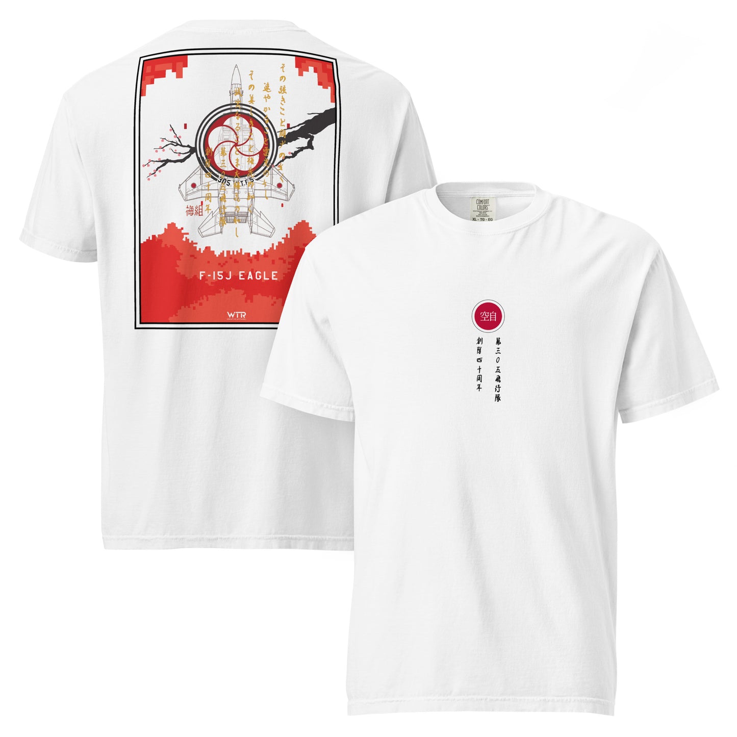 Hand-drawn schematic of the Mitsubishi F-15J Eagle 305th Tactical Fighter Squadron 40 Years livery on a standard t-shirt.