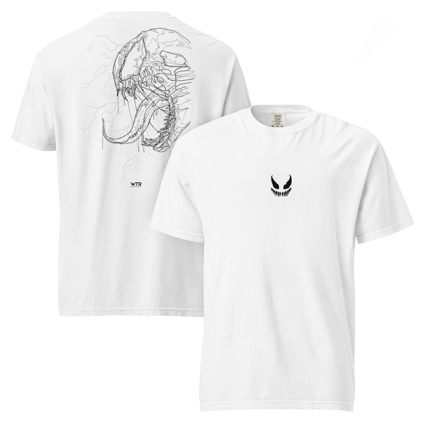 Hand-drawn technical profile of a Venom-inspired monster symbiote anti-hero design printed on a standard t-shirt.
