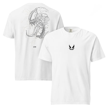 Hand-drawn technical profile of a Venom-inspired monster symbiote anti-hero design printed on a standard t-shirt.