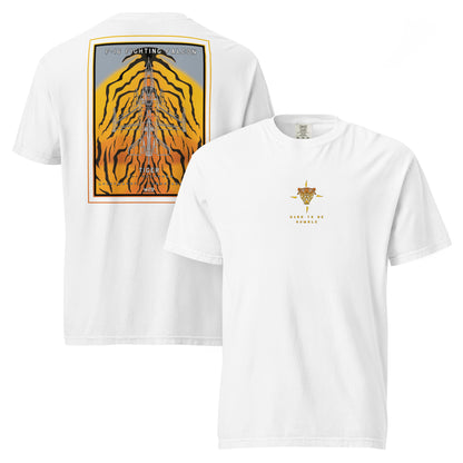 Hand-drawn schematic of the F-16 Belgian Air Force 31st Tiger Squadron 65th Anniversary livery on a standard t-shirt.