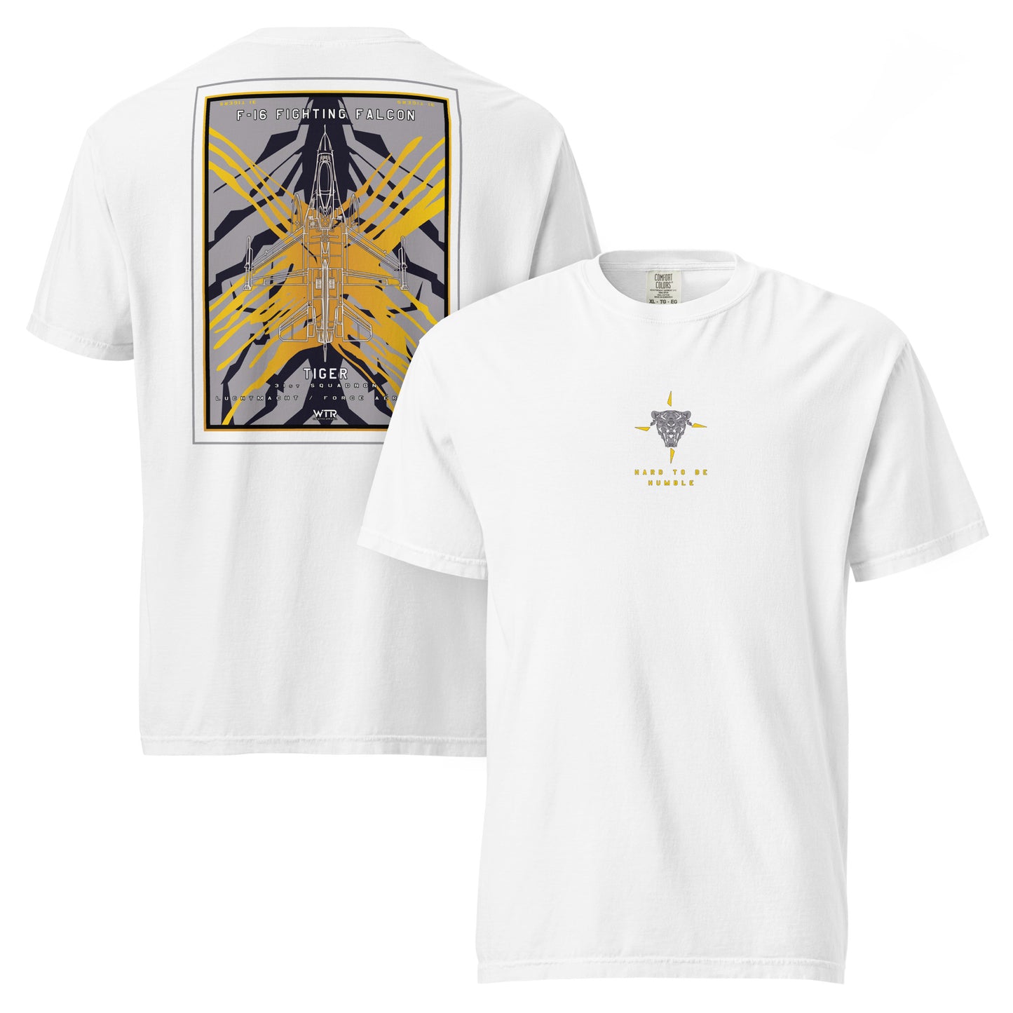 Hand-drawn schematic of the F-16 Fighting Falcon Belgian Air Force 31st X-Tiger camouflage on a standard t-shirt.