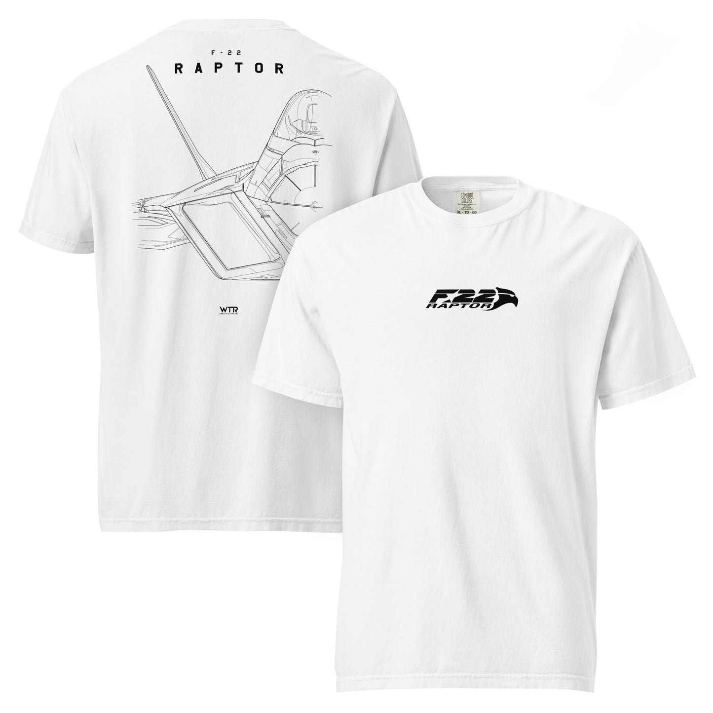 Hand-drawn technical study of the Lockheed Martin F-22 Raptor front canopy and nose section on a standard t-shirt.