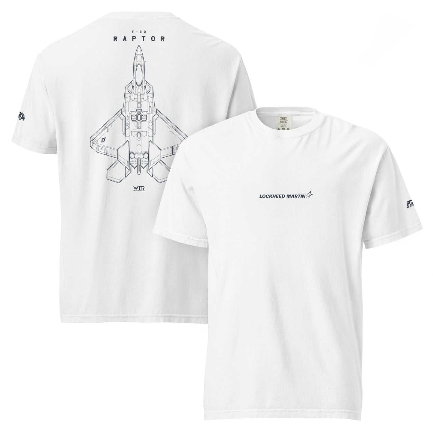 Hand-drawn full schematic of the Lockheed Martin F-22 Raptor printed on a standard t-shirt.