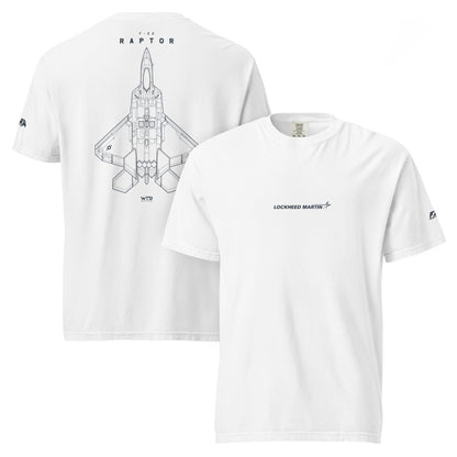 Hand-drawn full schematic of the Lockheed Martin F-22 Raptor printed on a standard t-shirt.