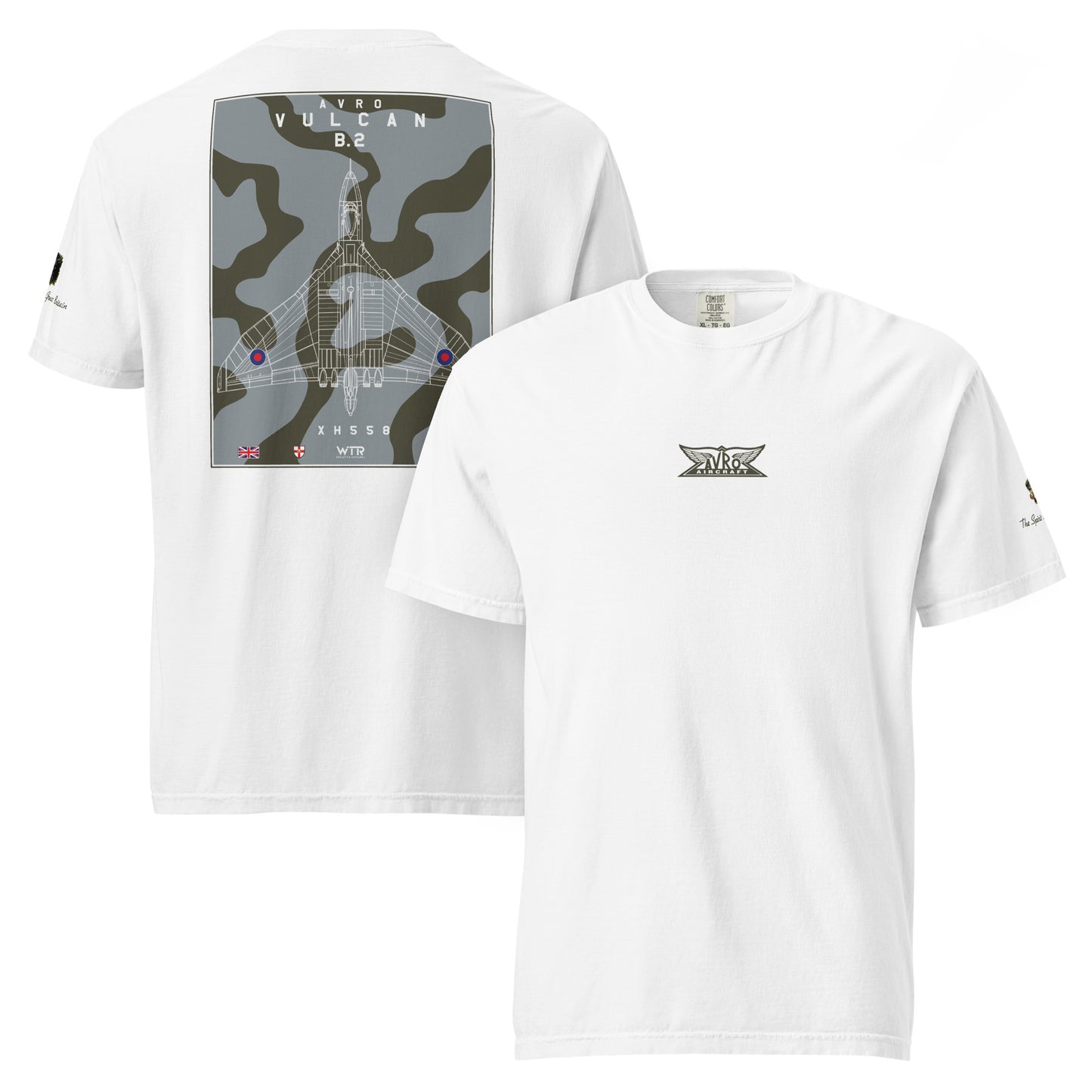 Hand-drawn technical camouflage study of the Avro Vulcan B.2 XH558 strategic bomber printed on a standard t-shirt.