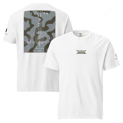 Hand-drawn technical camouflage study of the Avro Vulcan B.2 XH558 strategic bomber printed on a standard t-shirt.