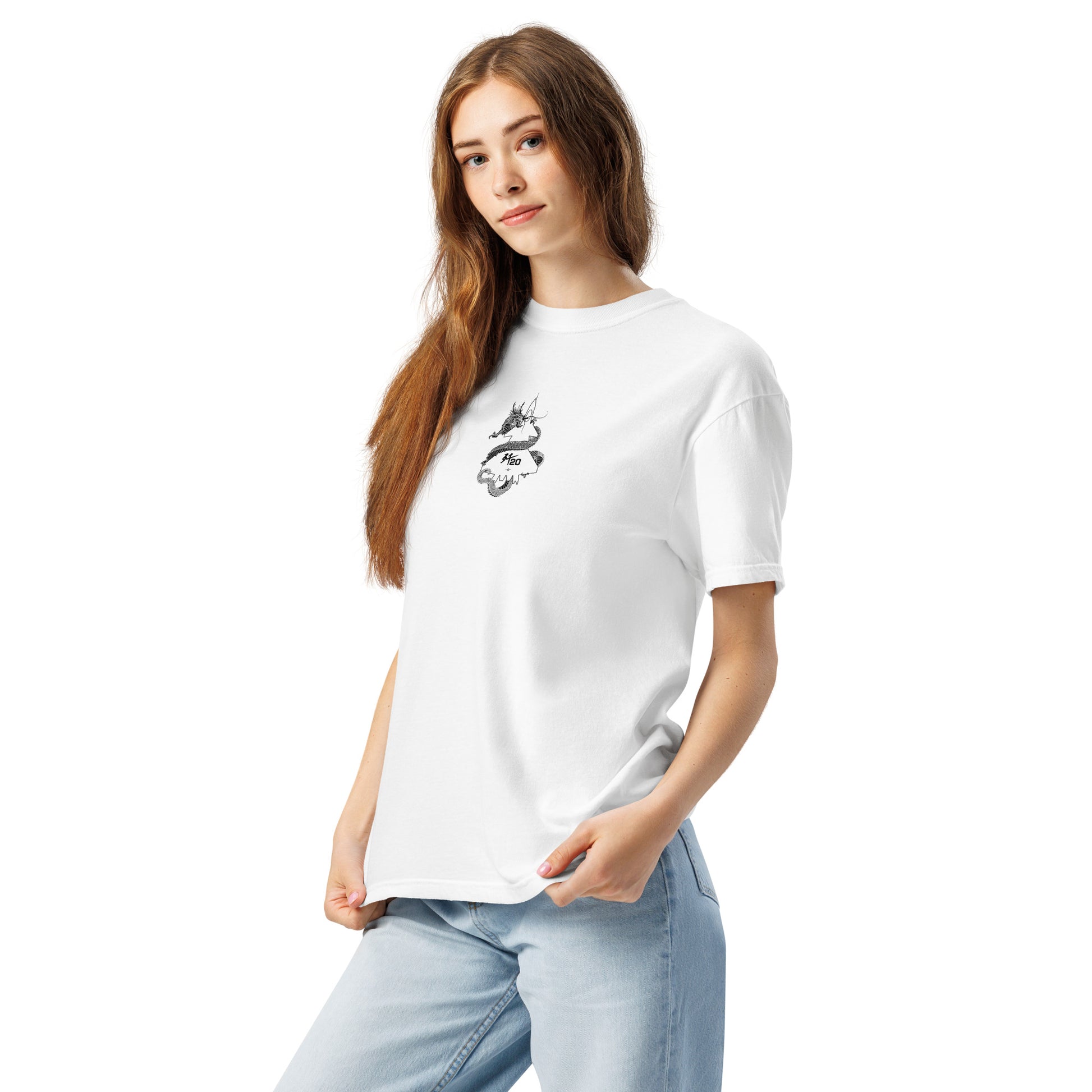 Hand-drawn technical schematic of the Chengdu J-20 Mighty Dragon Chinese stealth fighter on a standard t-shirt.