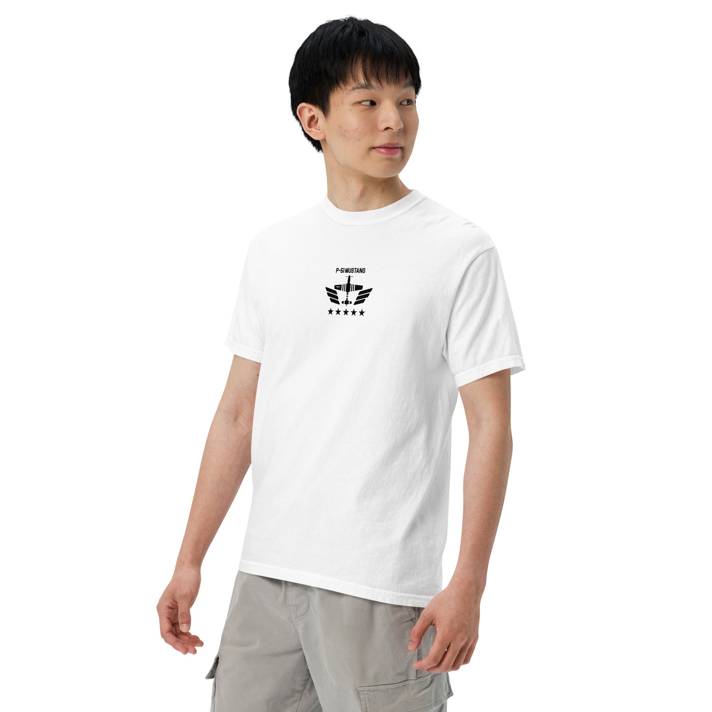 Hand-drawn technical schematic of the North American P-51D Mustang WWII fighter printed on a standard t-shirt.