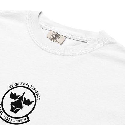 Hand-drawn schematic of the SAAB JAS 39 GRIPEN printed on a standard T-shirt.