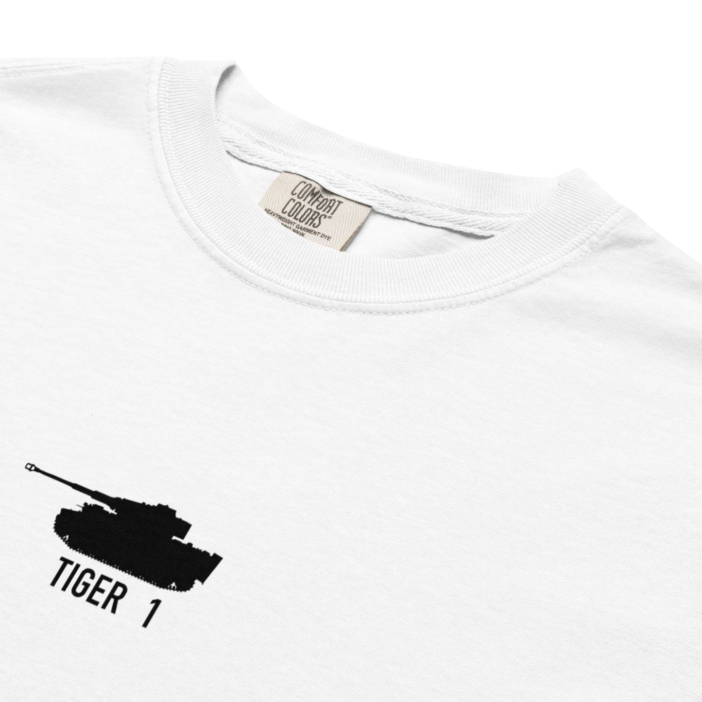 Hand-drawn schematic of the TIGER 1 printed on a standard T-shirt.