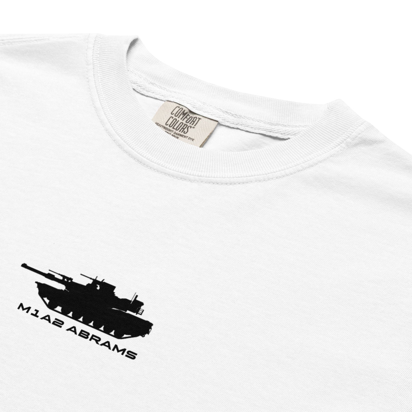 Hand-drawn schematic of the GENERAL DYNAMICS M1A2 ABRAMS TANK printed on a standard T-shirt.