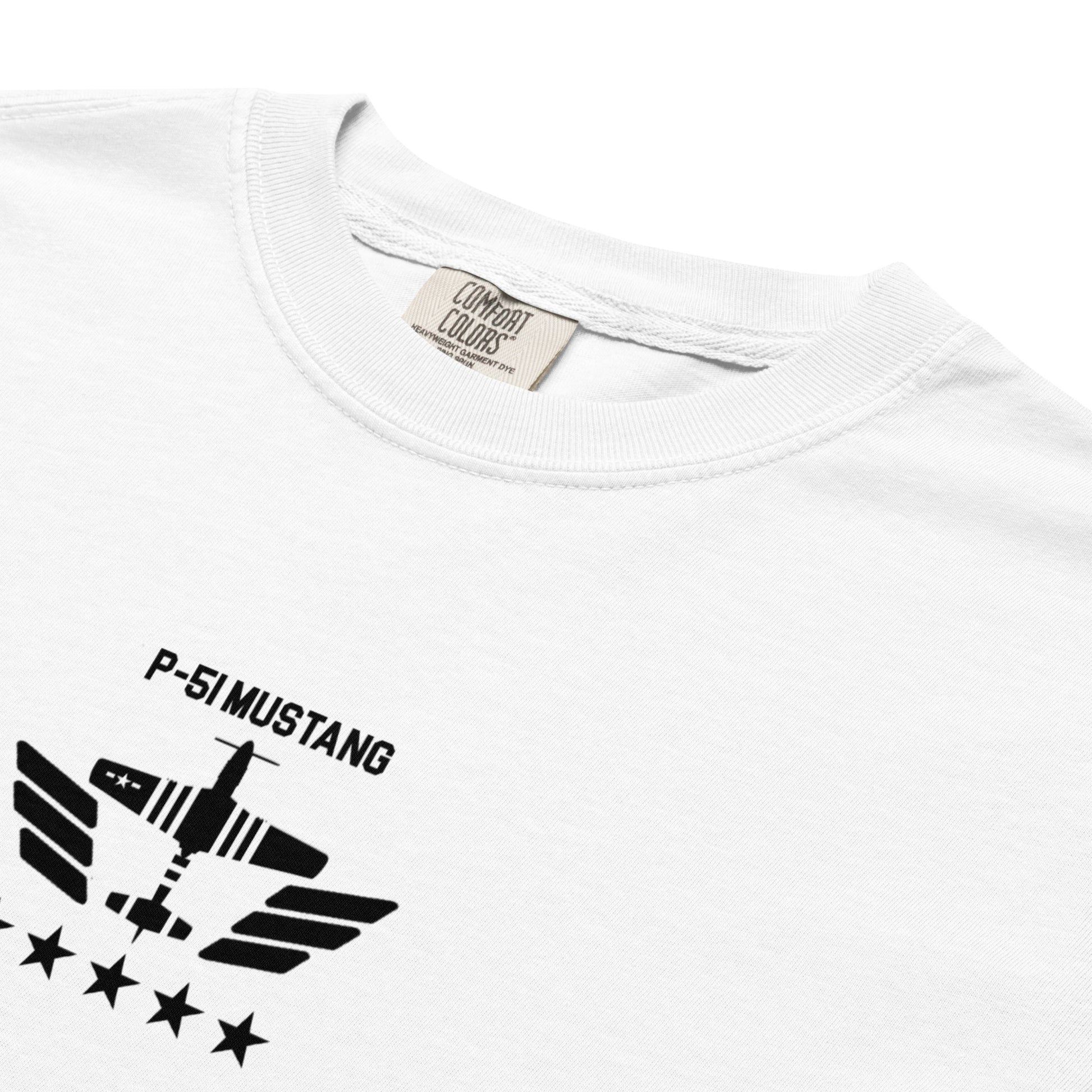 Hand-drawn technical schematic of the North American P-51D Mustang WWII fighter printed on a standard t-shirt.
