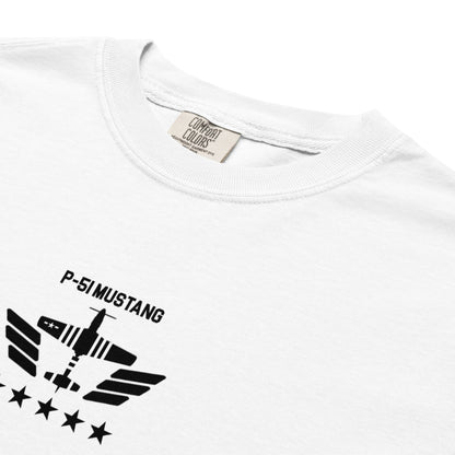 Hand-drawn technical schematic of the North American P-51D Mustang WWII fighter printed on a standard t-shirt.