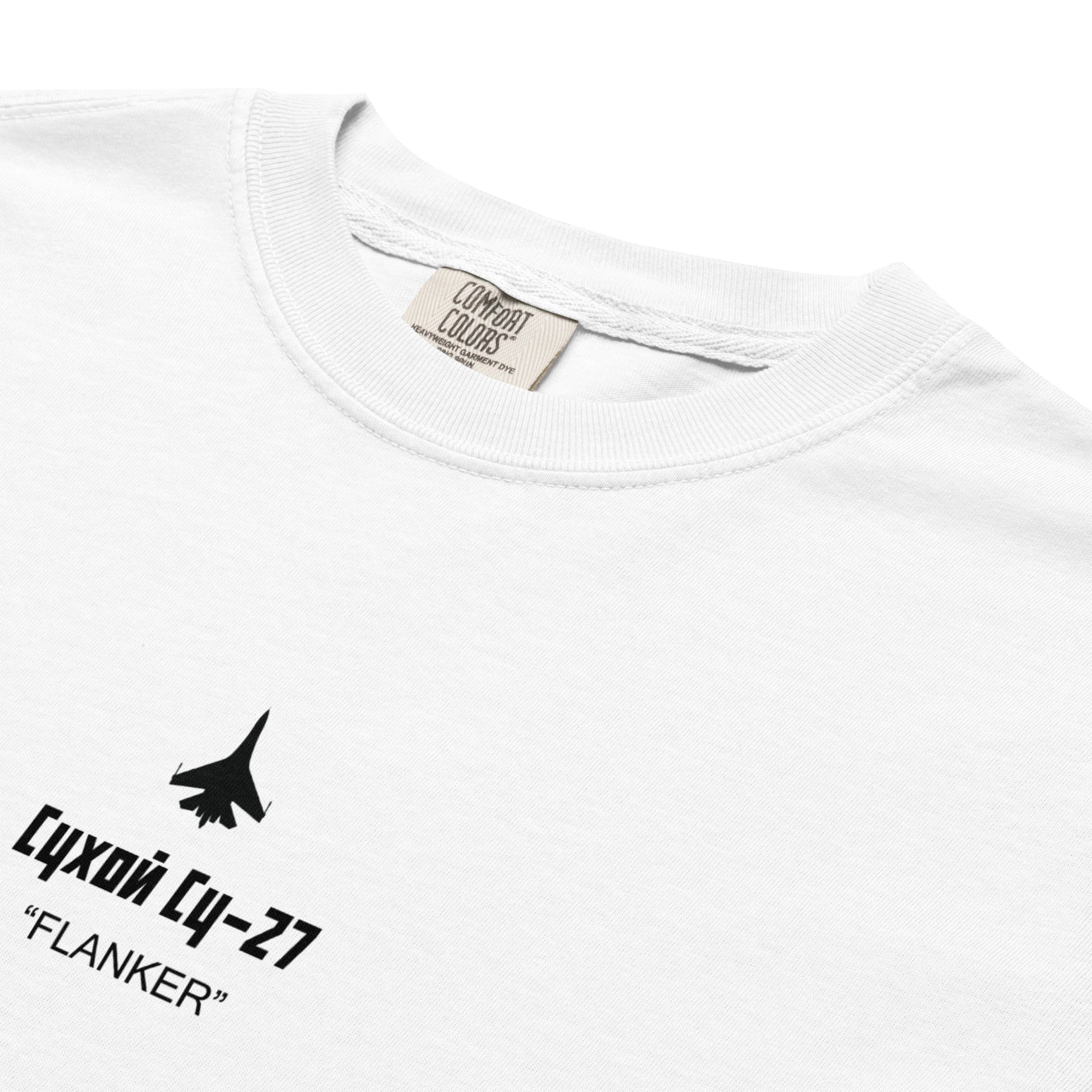 Hand-drawn technical schematic of the Sukhoi SU-27 Flanker supermaneuverable fighter on a standard t-shirt.