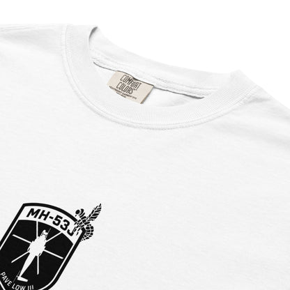 Hand-drawn schematic of the SIKORSKY MH-53J PAVE LOW printed on a standard T-shirt.