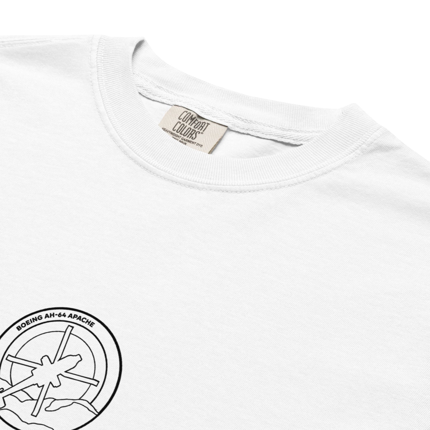 BOEING AH-64E APACHE GUARDIAN — hand-drawn attack helicopter artwork printed on standard T-shirt.