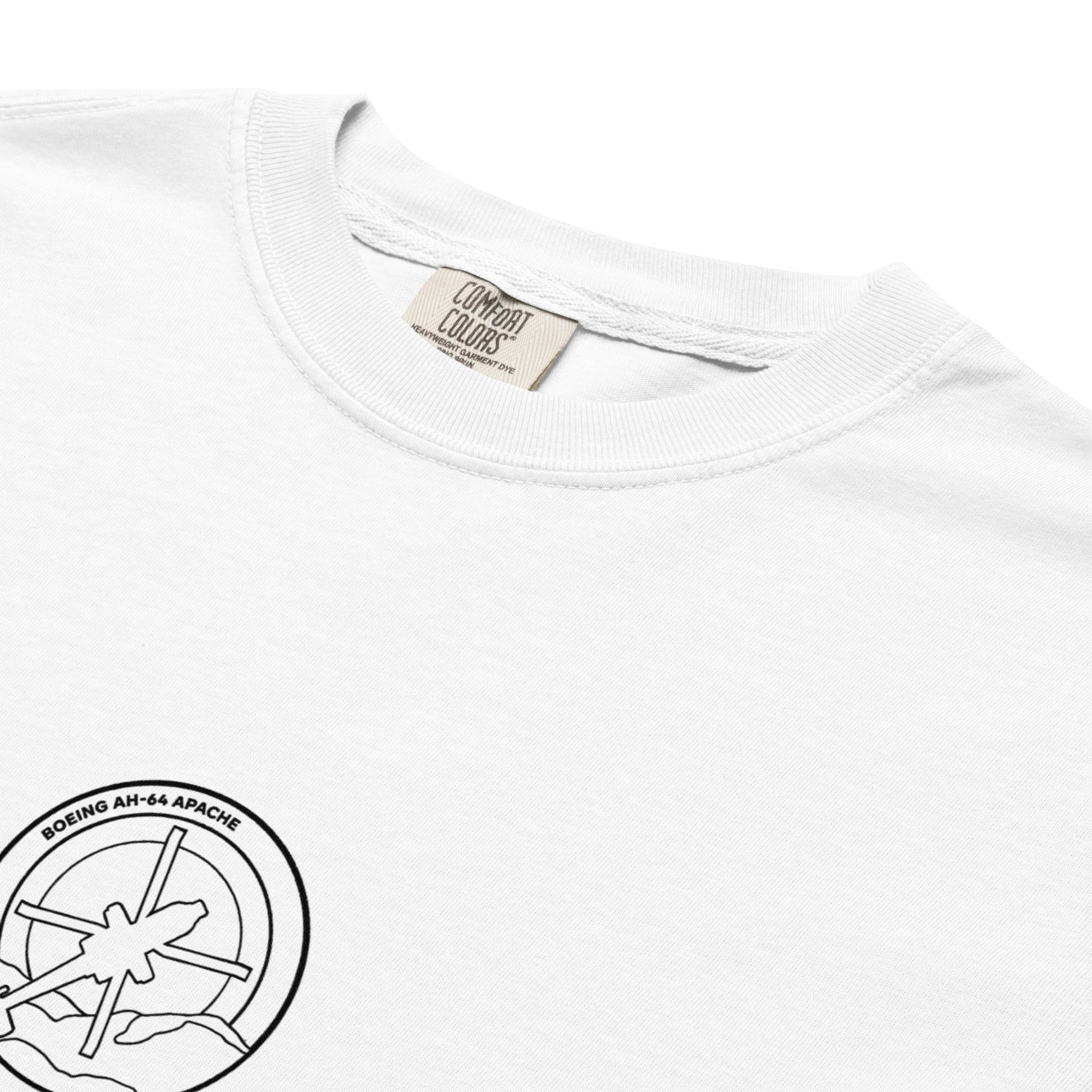 BOEING AH-64E APACHE GUARDIAN — hand-drawn attack helicopter artwork printed on standard T-shirt.