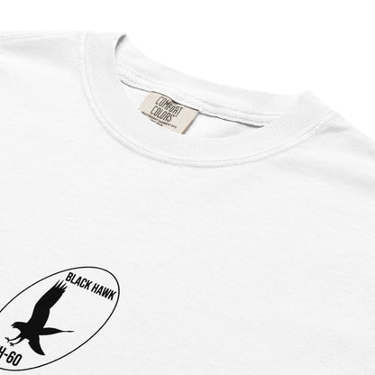 Hand-drawn technical schematic of the Sikorsky UH-60M Black Hawk military helicopter on a standard t-shirt.