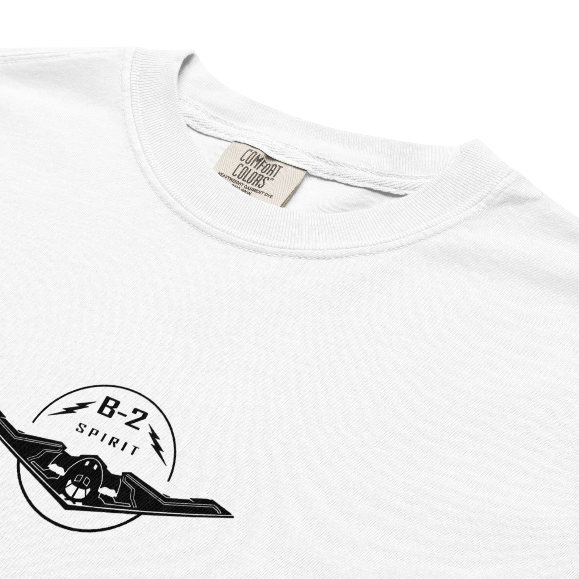 Hand-drawn technical schematic of the Northrop Grumman B-2 Spirit stealth bomber printed on a standard t-shirt.