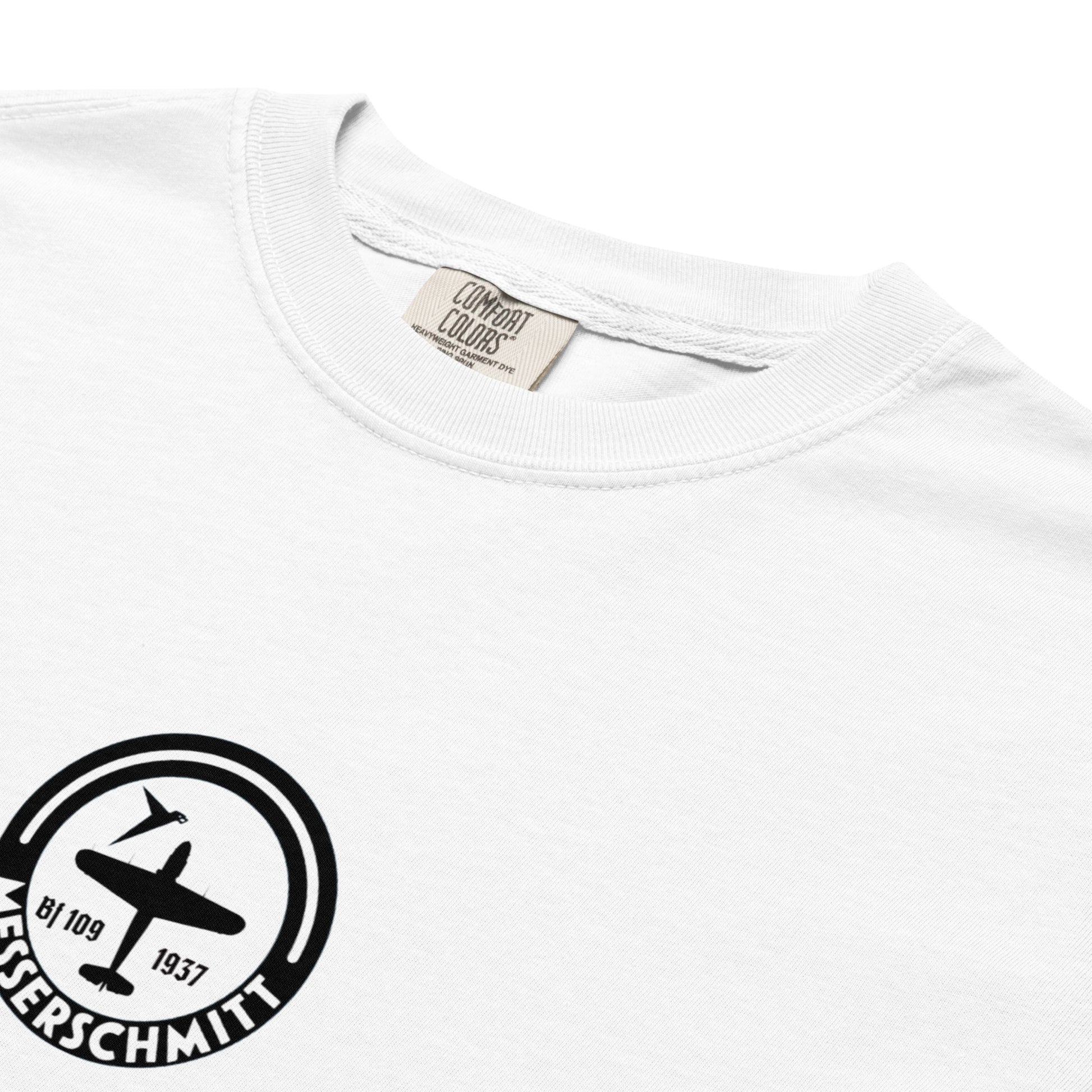 Hand-drawn schematic of the MESSERSCHMITT BF-109 printed on a standard T-shirt.