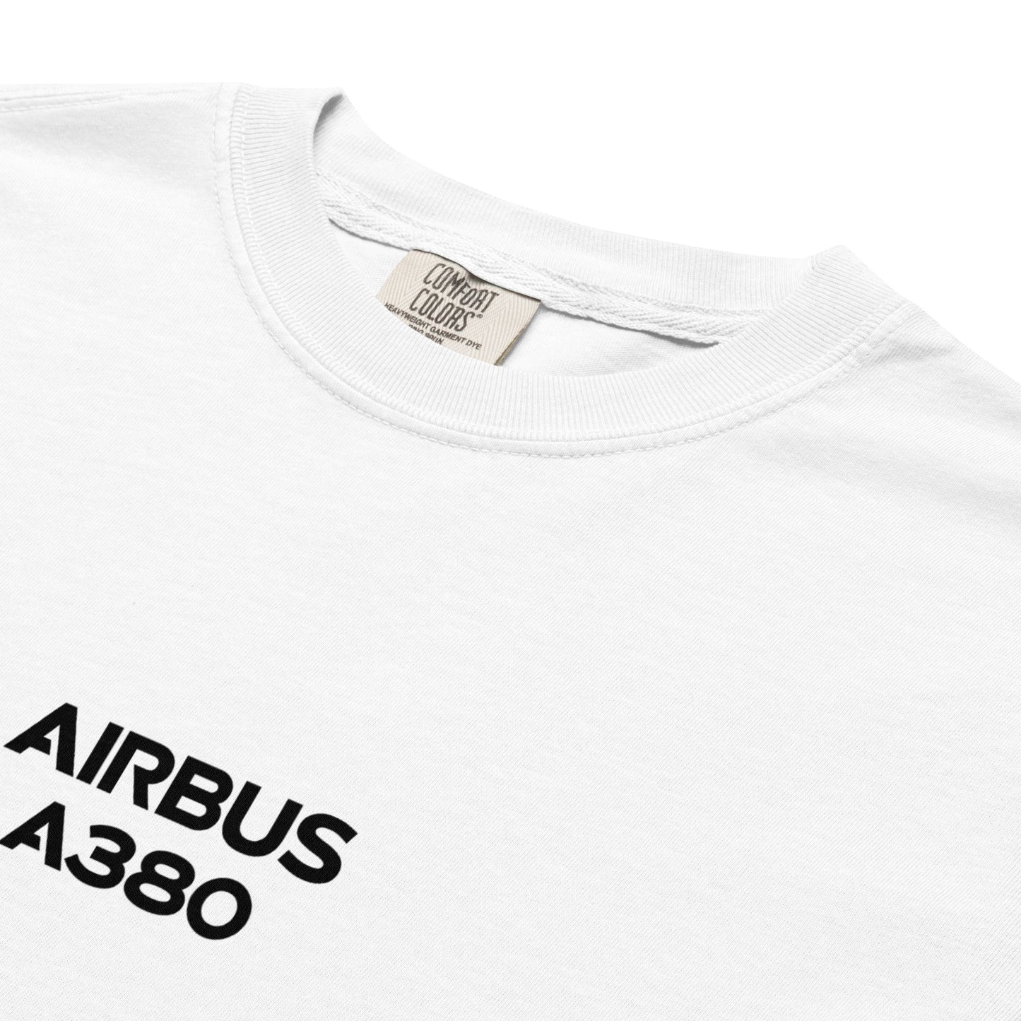 Hand-drawn schematic of the AIRBUS A380 SUPERJUMBO printed on a standard T-shirt.