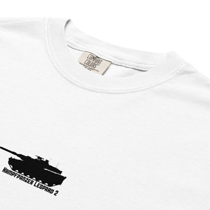 Hand-drawn schematic of the KRAUSS-MAFFEI LEOPARD 2 A7V TANK printed on a standard T-shirt.