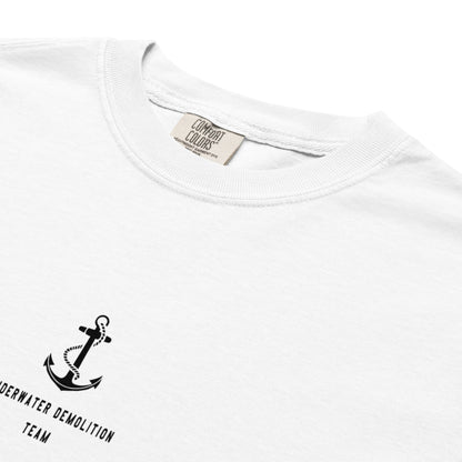 Hand-drawn schematic of the US NAVY UNDERWATER DEMOLITION TEAM UDT printed on a standard T-shirt.