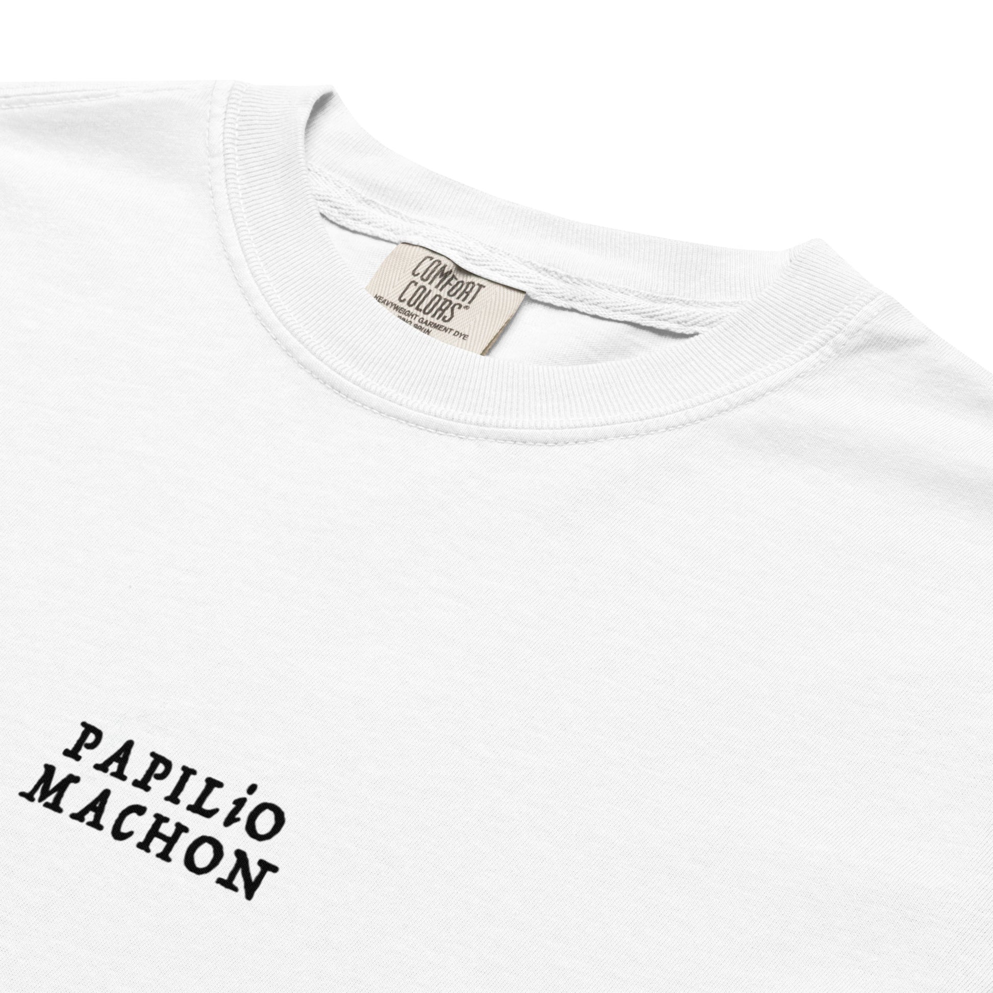 Hand-drawn schematic of the PAPILIO MACHAON OLD WORLD SWALLOWTAIL BUTTERFLY printed on a standard T-shirt.