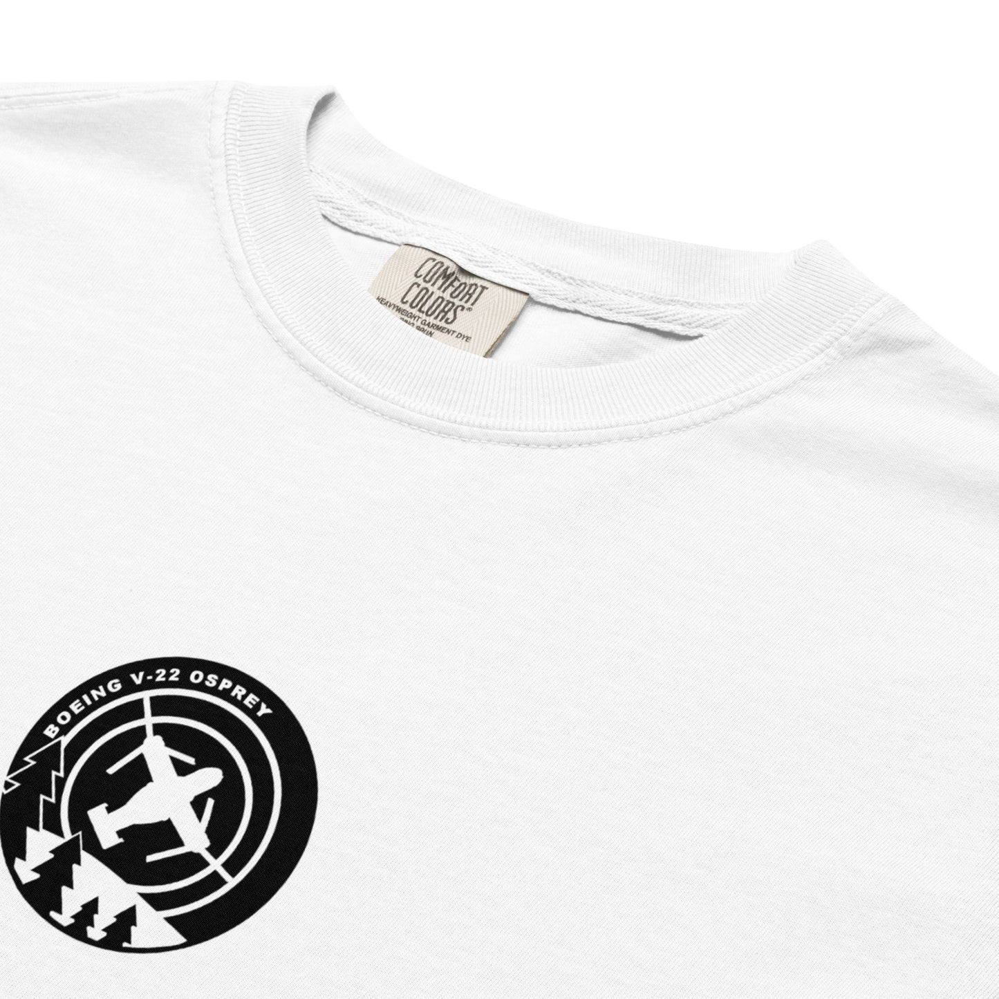 Hand-drawn schematic of the BELL BOEING MV-22 OSPREY printed on a standard T-shirt.