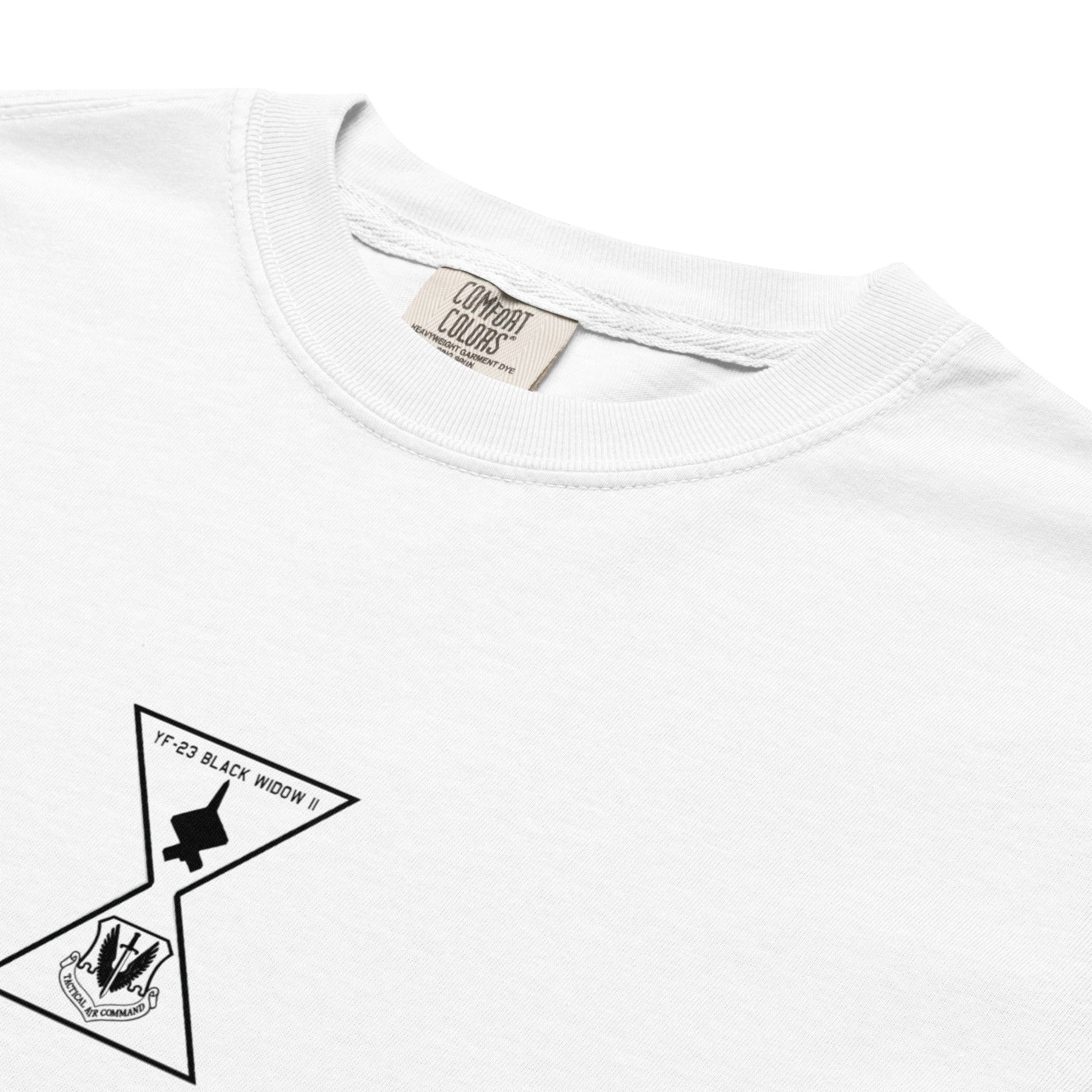 Hand-drawn schematic of the Northrop YF-23 Black Widow II stealth prototype fighter printed on a standard t-shirt.