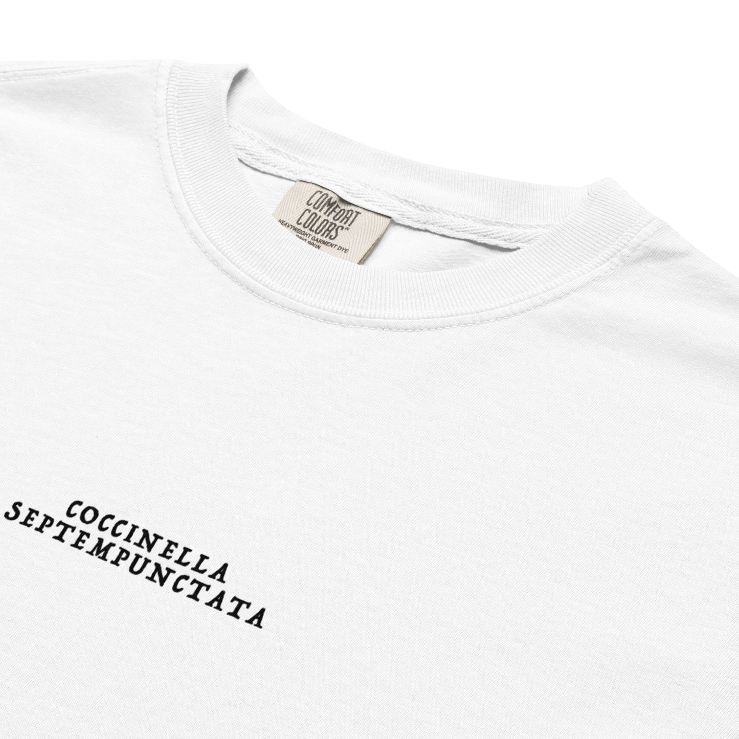 Hand-drawn schematic of the COCCINELLA SEPTEMPUNCTATA LADYBIRD printed on a standard T-shirt.