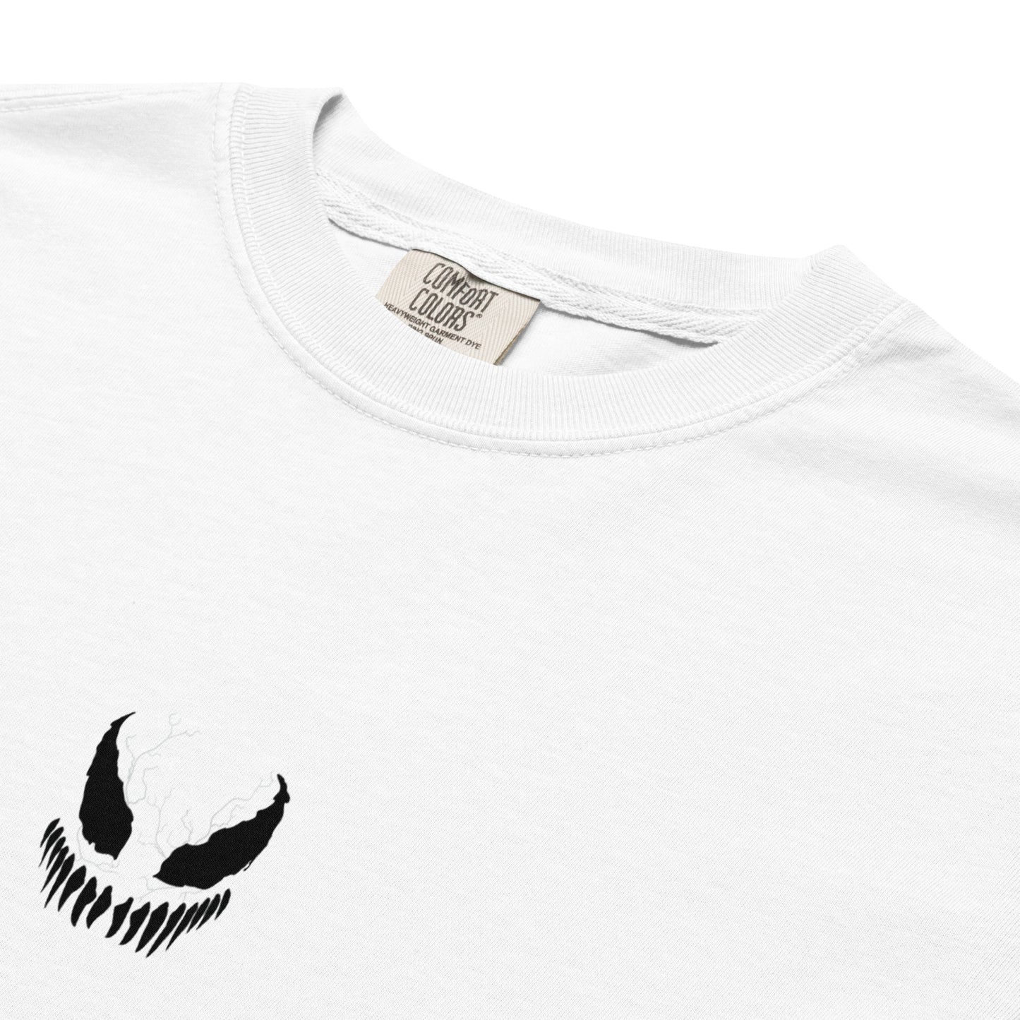 Hand-drawn technical profile of a Venom-inspired monster symbiote anti-hero design printed on a standard t-shirt.
