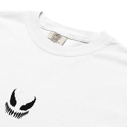 Hand-drawn technical profile of a Venom-inspired monster symbiote anti-hero design printed on a standard t-shirt.