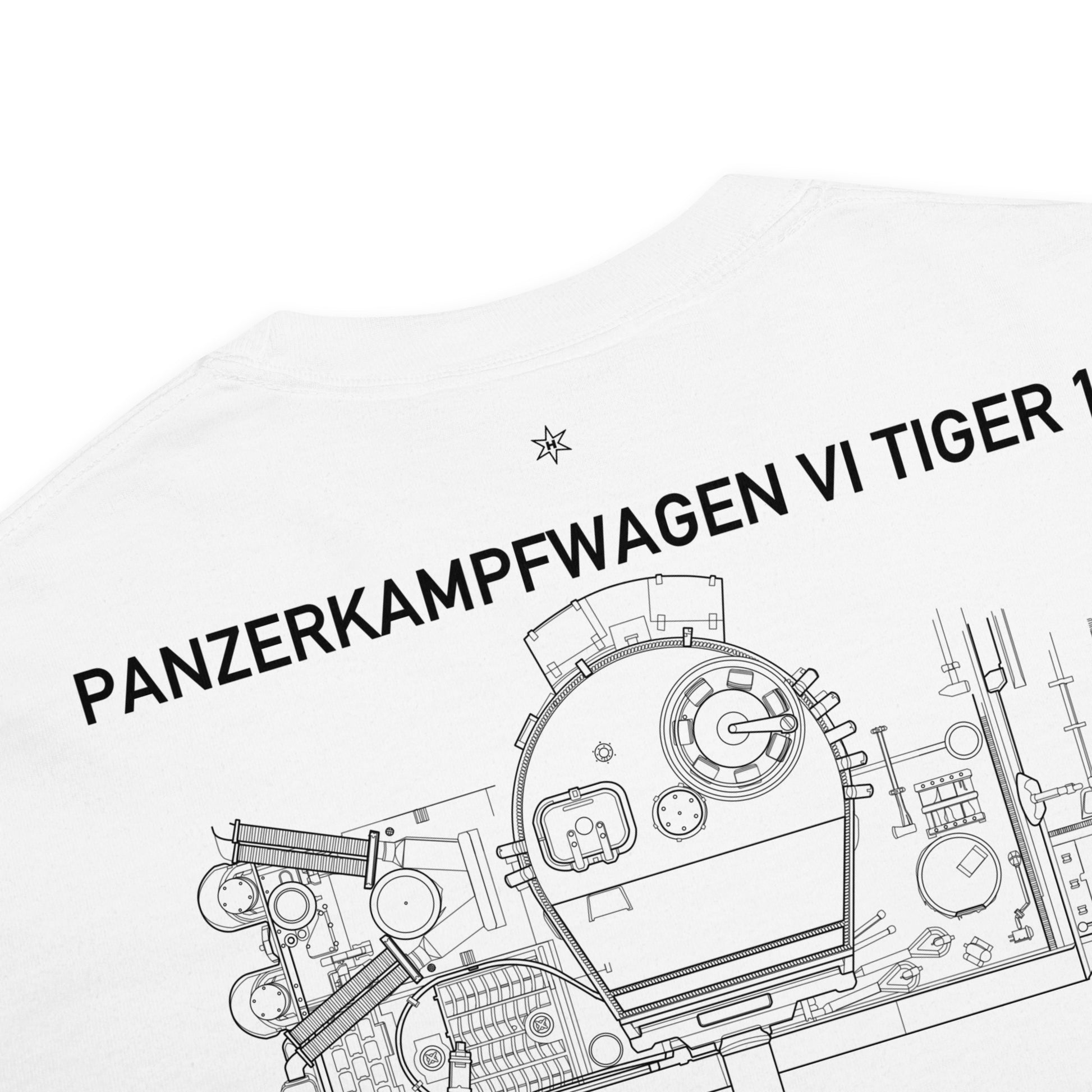 Hand-drawn schematic of the TIGER 1 printed on a standard T-shirt.