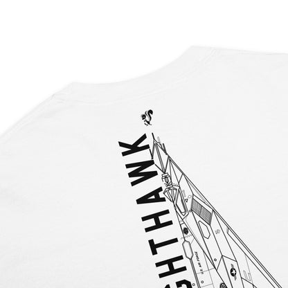 Hand-drawn schematic of the LOCKHEED MARTIN SKUNK WORKS F-117 NIGHTHAWK printed on a standard T-shirt.