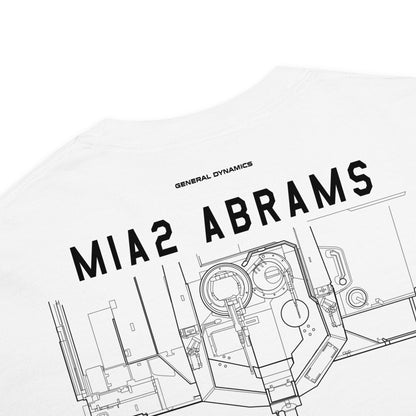 Hand-drawn schematic of the GENERAL DYNAMICS M1A2 ABRAMS TANK printed on a standard T-shirt.