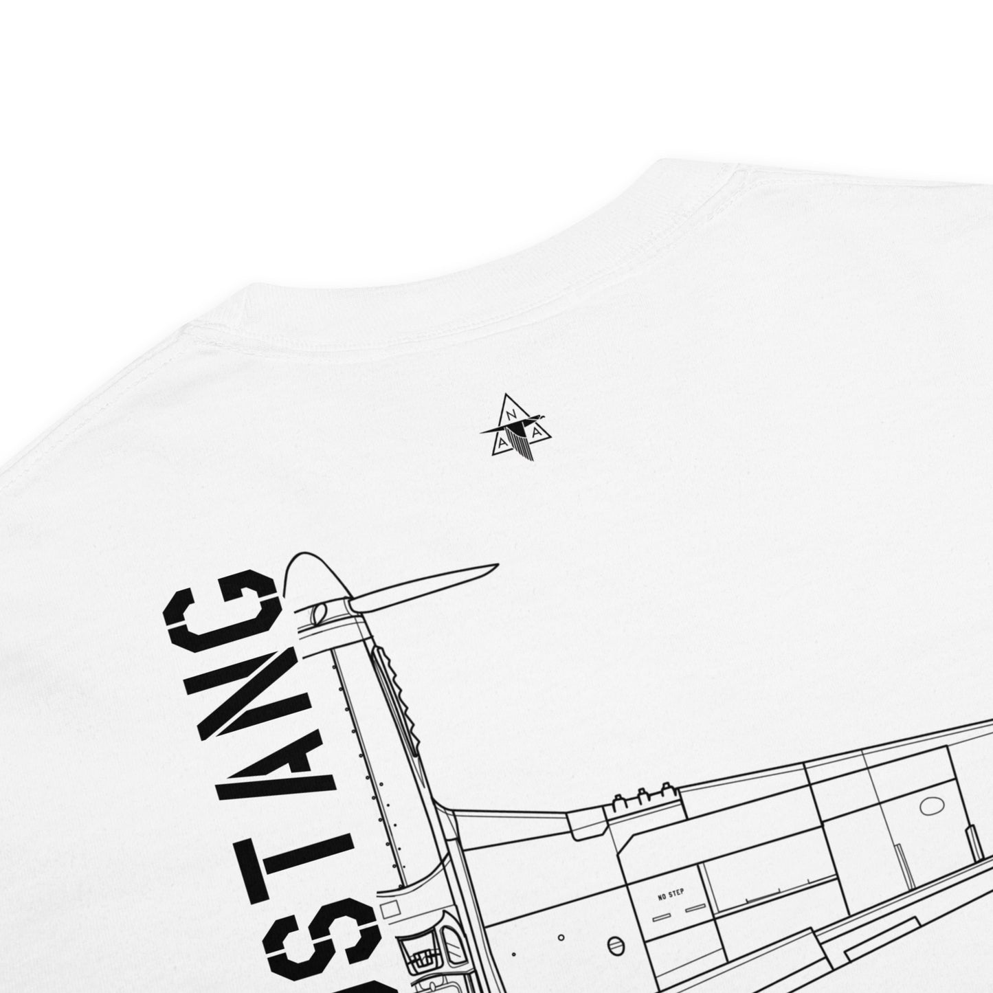 Hand-drawn technical schematic of the North American P-51D Mustang WWII fighter printed on a standard t-shirt.