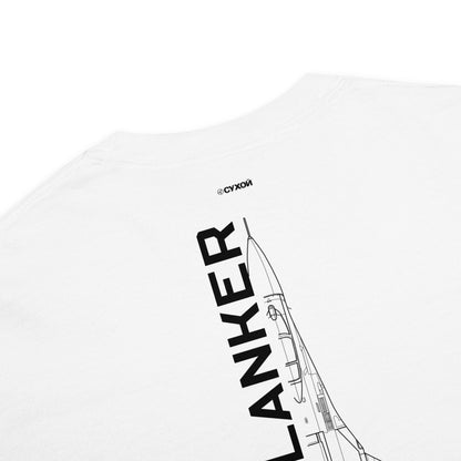 Hand-drawn technical schematic of the Sukhoi SU-27 Flanker supermaneuverable fighter on a standard t-shirt.