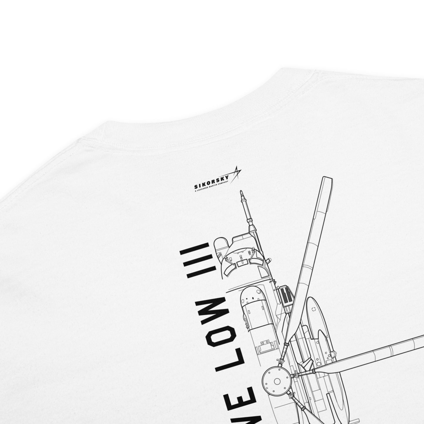 Hand-drawn schematic of the SIKORSKY MH-53J PAVE LOW printed on a standard T-shirt.