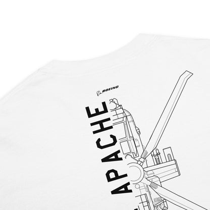 BOEING AH-64E APACHE GUARDIAN — hand-drawn attack helicopter artwork printed on standard T-shirt.